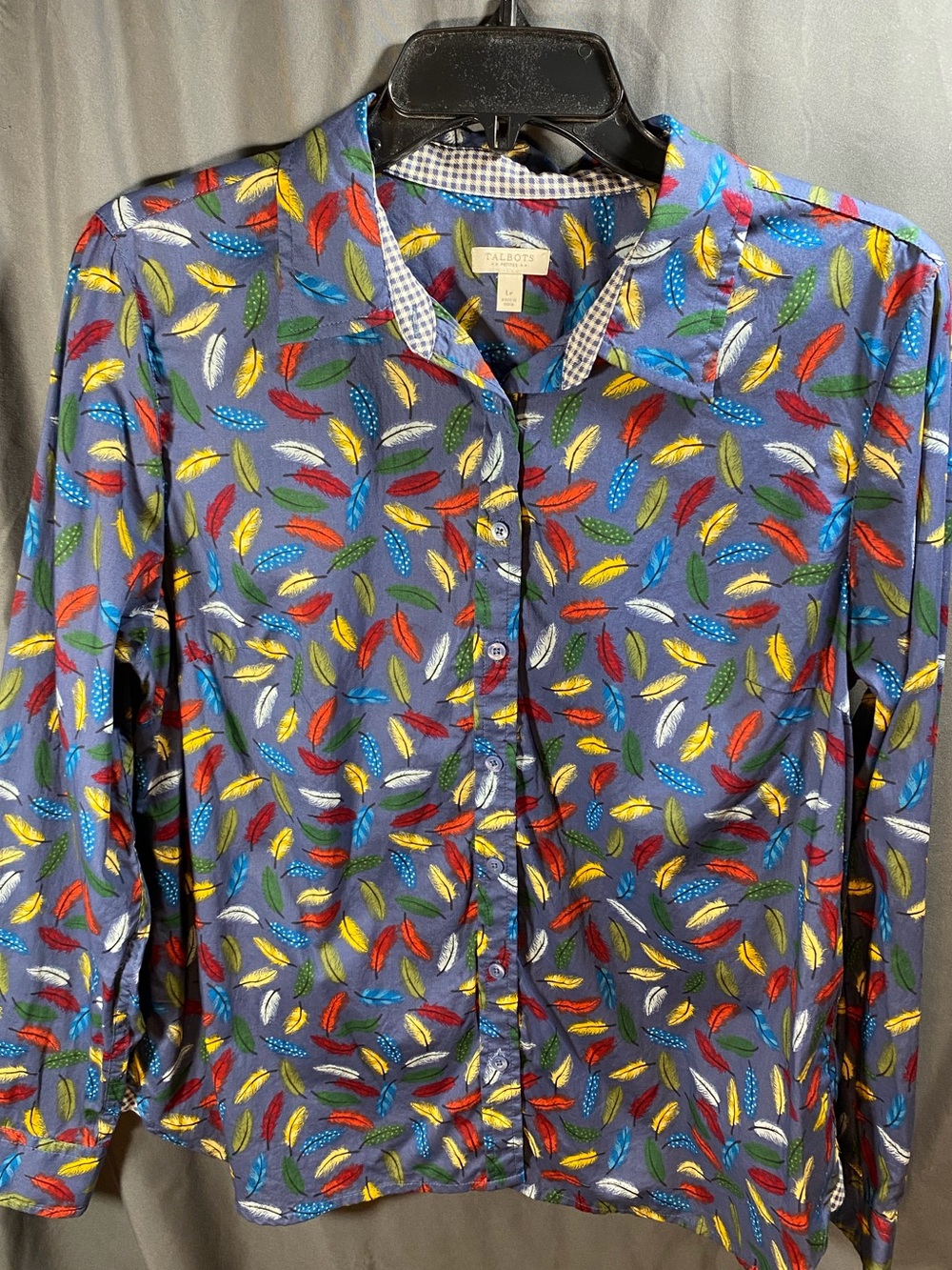Talbots Button Up Blouse Blue Colorful Feathers Large Petites Contrast Tab Long